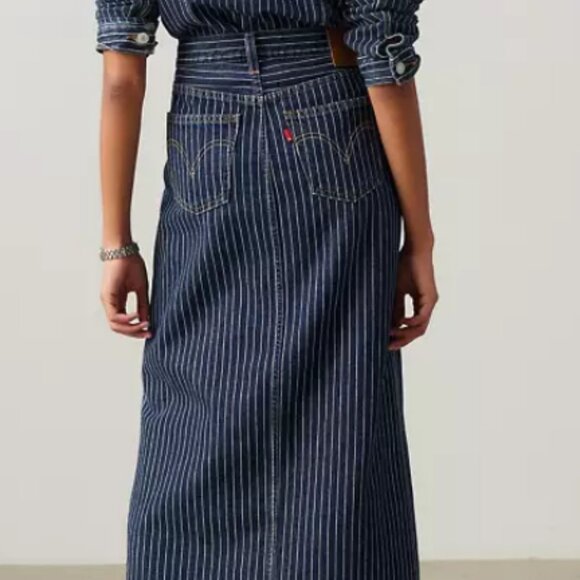 Levi's Premium Ankle Column Denim Skirt Striped Partly Masked Dark Wash NWT - Picture 6 of 12